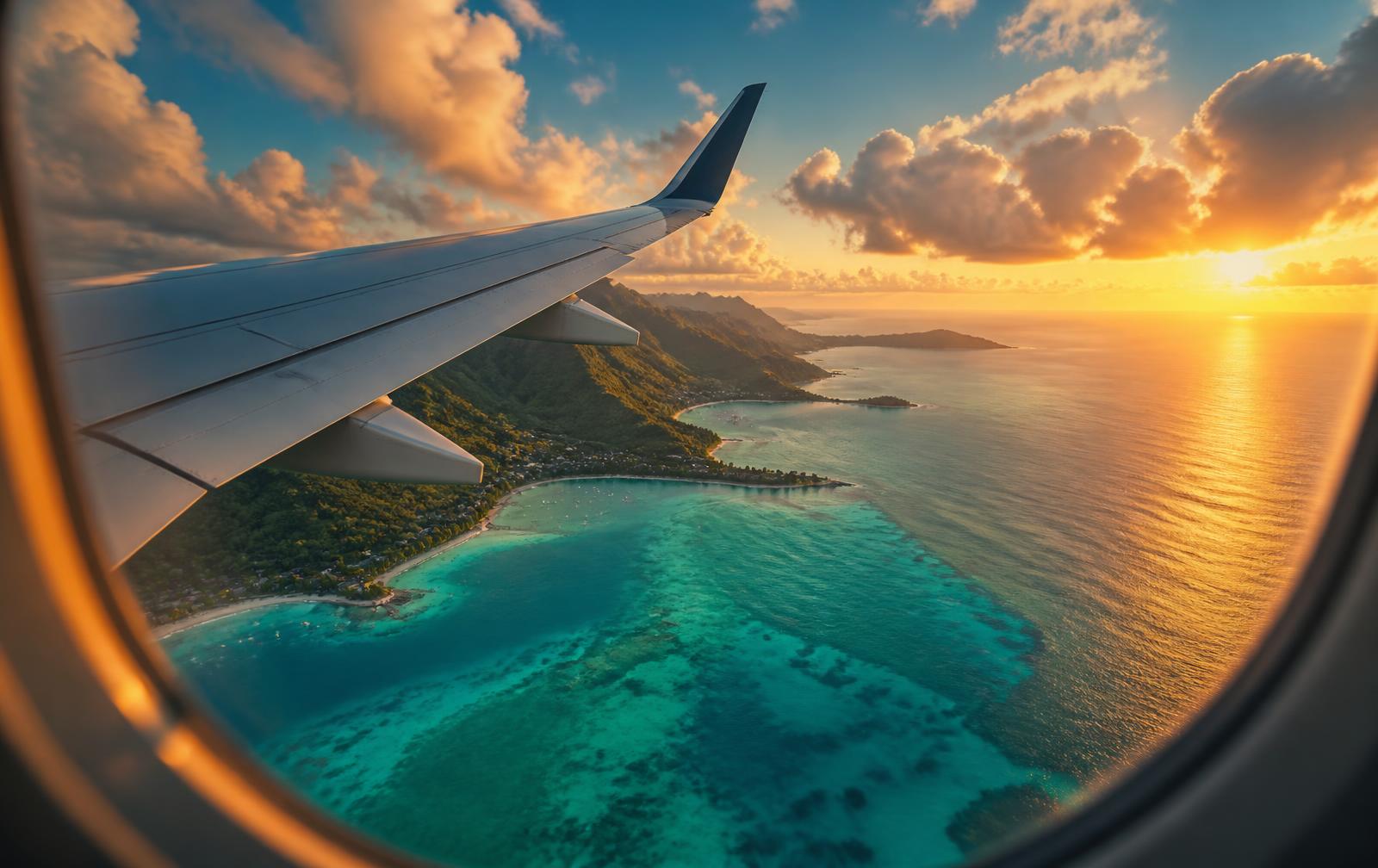 Vista da asa de um avião sobre o mar turquesa ao pôr do sol
